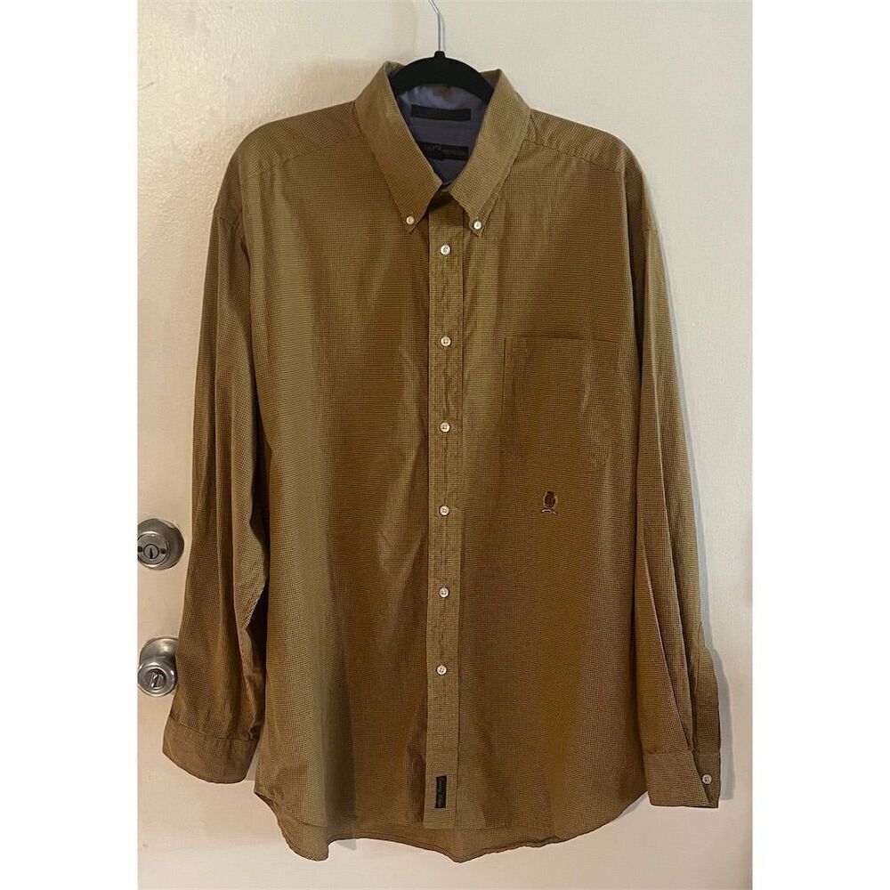 Tommy Hilfiger Men's Brown Yellow Checkered Button-Up Shirt‎ Long Sleeve Sz XL